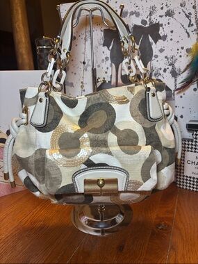 Coach Sequin Satchel Shoulder Bag Pink Satin Lining Silver Tone Hardware